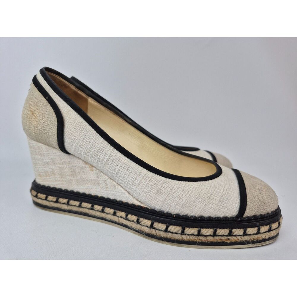 Chanel Women's Beige Toile Cap Toe Espadrille CC Wedges Size 37.5